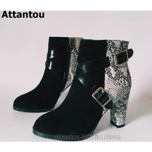 Doubel Belt Buckle Gladiator Women Ankle Boots Snake Skin Pattern Mixed Color Chunky High Heels Shoes Woman Straps Bota Feminina
