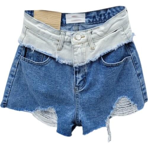 White Patch Blue Denim Shorts for Women 2021 Summer New Korean Style Fashion Ripped Holes Wide-Legged Jeans Shorts Femme