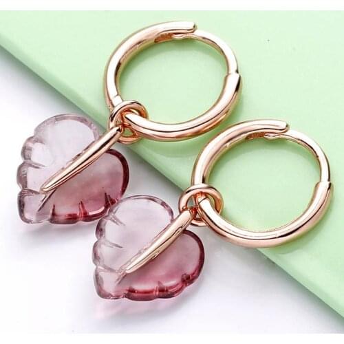 Original 925 Sterling Silver Earring Leaf Hoop Earrings With Pink Murano Glass For Women Wedding Gift Europe Jewelry