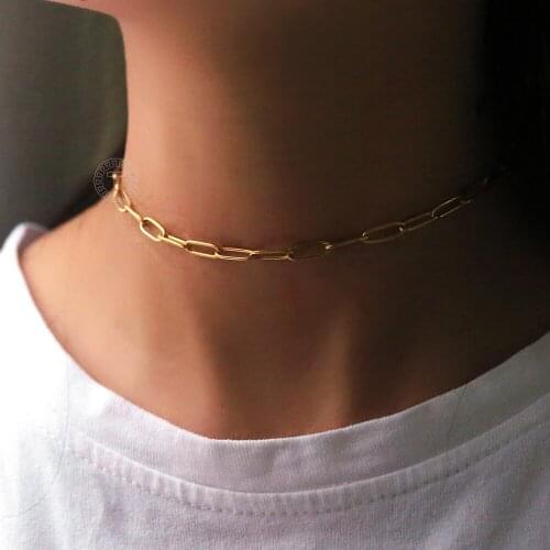 Womens Choker Necklace Gold Color Paperclip Cable Link Chain Stainless Steel Fashion Jewelry Wholesale Gifts LKN658