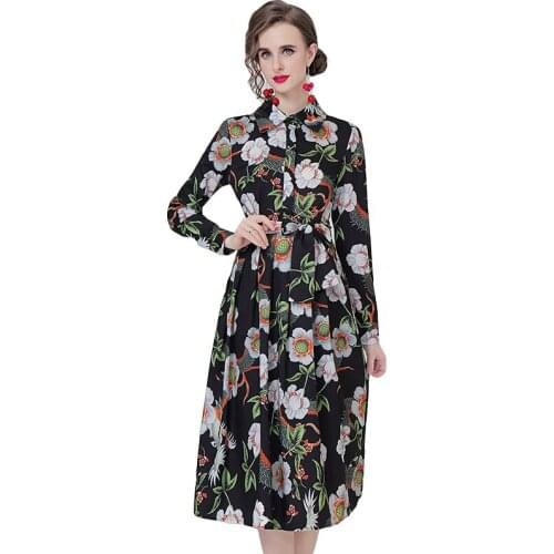 Spring Fashion Runway Pleated Shirt Dress Womens Long Sleeve Floral Print Midi Vintage Dress with Belt k8659