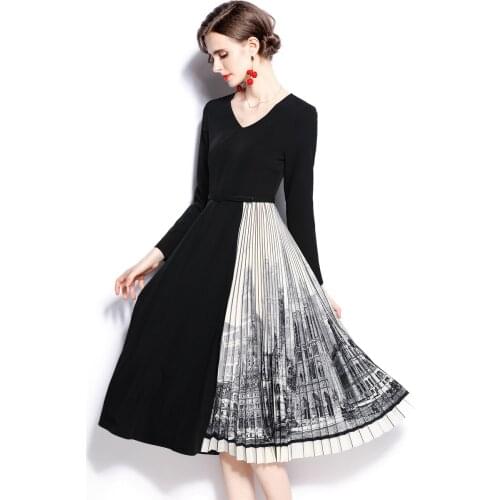 Fashion Runway Designers Autumn Winter Print Patchwork Vintage Midi Pleated Knit Sweater Dress Women Robe Femme Vestidos k1814