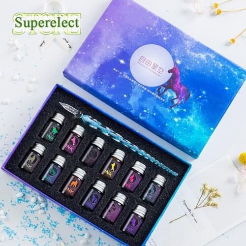 13/7 Fountain Pen 12 Colors Ink Pcs Unicorn Dip Pen Crystal Glass Pen Starry Sky Glitter Powder Gift Box Set Writing Supplies