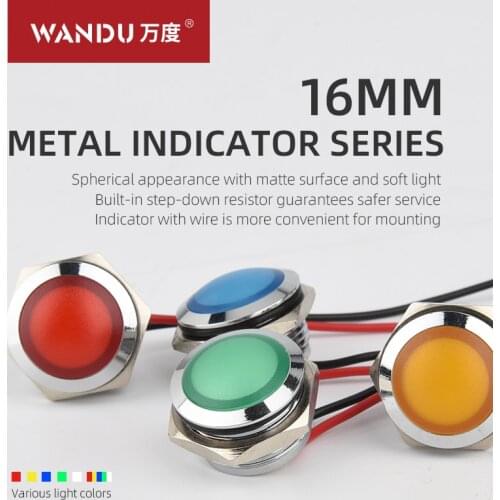16mm round LED ball button head waterproof Signal lamp with line 3V 24V 220V LED Metal Indicator lights