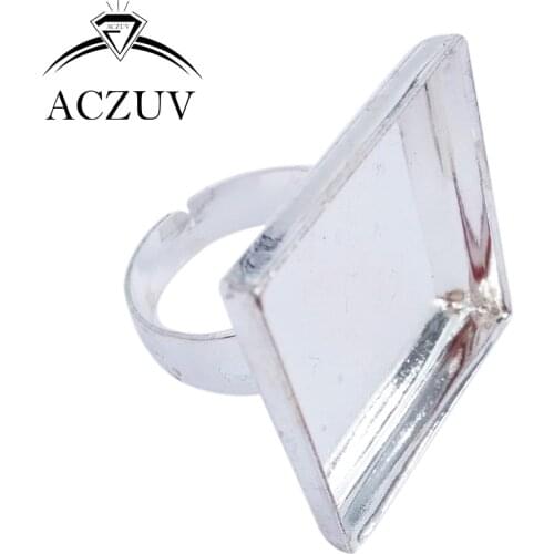 Aczuv Silver Plated 100pcs 25mm Square Cabochon Settings Adjustable Ring Blanks Bezel Ring Base Ring Tray Findings SRS003