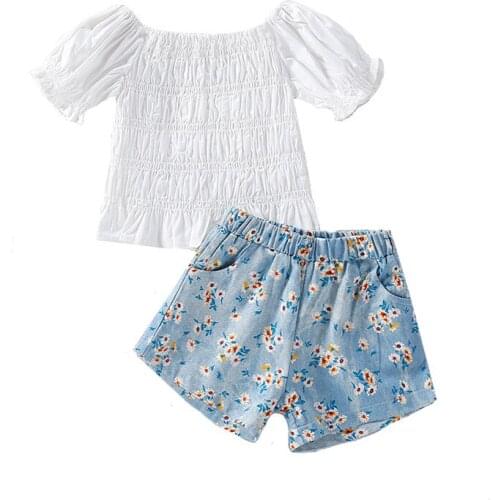 Sumemr Children Girls Casual Two-piece Clothes Set White Solid Color Round Collar Short Sleeve T-shirts Tops+Floral Shorts