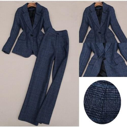 Elegant Faux Woolen Blazer and Pants One Set Office Lady Formal Wear Plaid Suit Blazer and Wide Leg Trousers