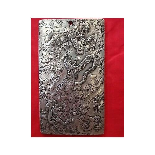 Exquisite Chinese Tibet silver dragons statue auspicious plate