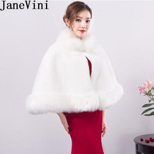JaneVini Elegant White Bolero Winter Bridal Faux Fur Wraps High Neck Women Formal Party Cape Shawls Cloaks Veste Mariage Blanc