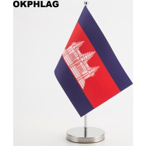 Cambodia office table Flag with Stainless flagpole base country banners desk flag 14*21CM KS-0086