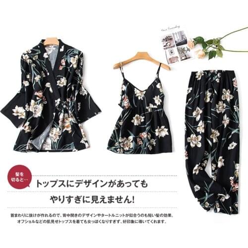 Floral Printed Women Pajamas Sets 3 PCS Viscose Soft Pajamas Set Loose Elegant Robe Sexy Sling Pants Homewear Female Pyjamas