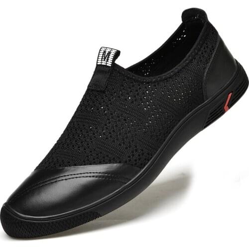 Lace Men Shoes Mesh Casual Up Comfortable Outdoor Sneakers Sports Shoes Genuine Leather Hollow Out Breathable Driving Shoes