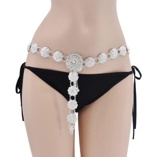 New Style Fashion Personality Waist Chain Hot Sale Hollow Out Flower National Style Dance Beach Silver Waist Decoration Silvery