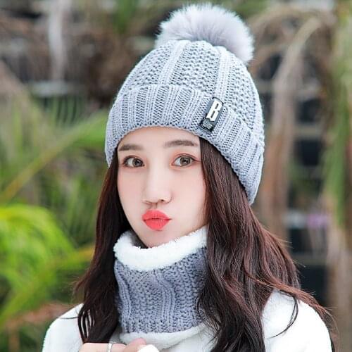 Girl Knitted Hats Warm Ski New Brand Big Fur Pom Poms Ball Scarf Hat Set Winter Women Beanie Hat Thick Skullies Female Cap