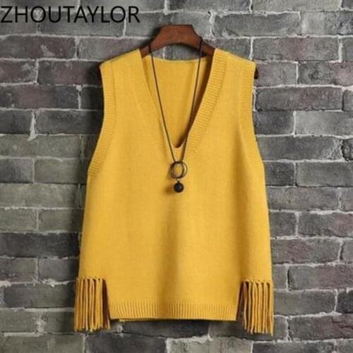 ZHOUTAYLOR Fashion Knit Vest Women Solid Tops Female Elegant Sweet Office Lady V-Neck Sleeveless Autumn New 2021 Coats Femme