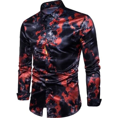 Men Print Business Tops S-2Xl 2021 Spring New Mens Silk Satin Printed Shirts Male Slim Fit Long Sleeve Party T Shirts