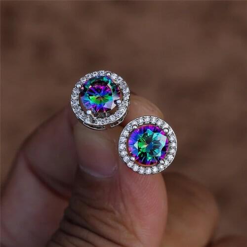 Mystic Rainbow Round Zircon Screw Back Earrings for Women Wedding Jewelry Charm Multicolor Stone Stud Earrings Blue Opal Earring