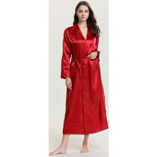 Spring Womens Robe Solid Color Long Sleeve Nightgown Mid-Calf Lace Sexy Gown Bathrobe Morning Robe Home Wear Sleepwear Thin