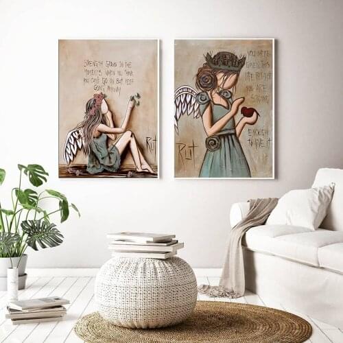 Angel Wing Girl Art Posters Canvas Painting Wall Art Figure Vintage Dark Yellow Picture Prints For Living Room Nordic Home Decor