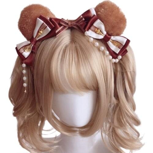 M2EA Sweet Lolita Plush Bear Ears Headband Kawaii Bow Pearl Chain Cosplay Hair Hoop