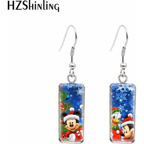 Happy Christmas Mickey Mouse Minnie Cartoon Paintings Rectangular Hook Dangle Drop Earrings Fashion Jewelry
