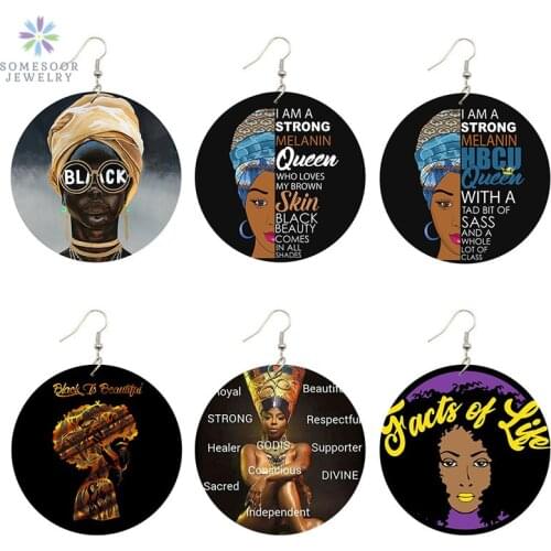 SOMESOOR Printed Black Beauty HBCU Queen African Wood Drop Earrings Strong Melanin Afro Wood Pendant Jewelry For Lady Women Gift