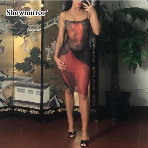 Print Mesh Midi Dress Women 2021 Party Strap See Through Dresses Sexy Midnight Party Clubwear Camisole Dress With Gloves