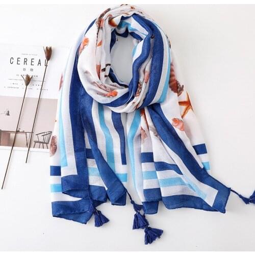 Yishine New Beautiful Sea Shell Prints with Tassel Scarf Shawls for Women Girl Summer Wraps Scarves Beach Shawl for Lady