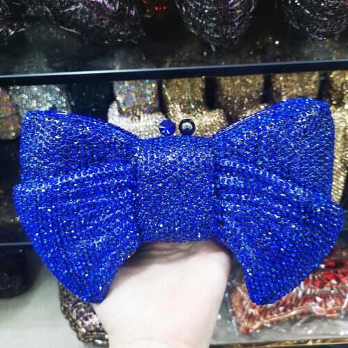 WHTUOHENG Blue RhinestoneDiamond Purse Women Handbag Evening Clutches Bow Shape Lady Wedding Bridal Clutch Female Crystal Purses