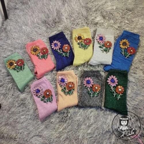 Pug Funny Socks Women Socks Fashion Mujer Christmas High-end Handmade Diamond Woman Casual Cotton Small Flower Color Diamonds