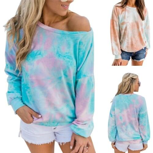 Women Casual Sweatshirts Tie Dye Printed Colorful O Neck Long Sleeve Hoodies Autumn Winter Sexy Off Shoulder Loose Pullover Tops