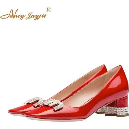 Patent Leather Square Toe 45 mm Jeweled Heel Logo With Crystals Women Pumps Mature Spring/Autumn Genuine Leather 2019 Fashion