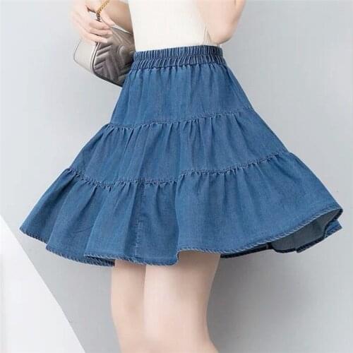 Midi Skirts Womens Summer Solid High Waist Denim ruffled skirt brand comfortable cotton jeans skirts plus size 5xl 6xl 7xl