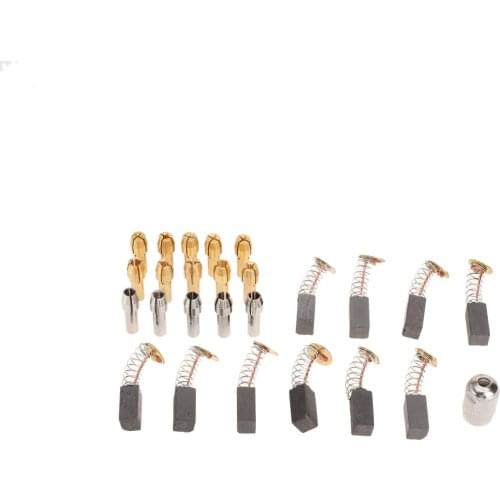 15Pcs 0.5-3.2mm Brass Collets Chuck Clamping Tool+10Pcs 6.5mm Carbon Brushes+ M8*0.75 Electric Mill Shaft Screw Cap Rotary Tools