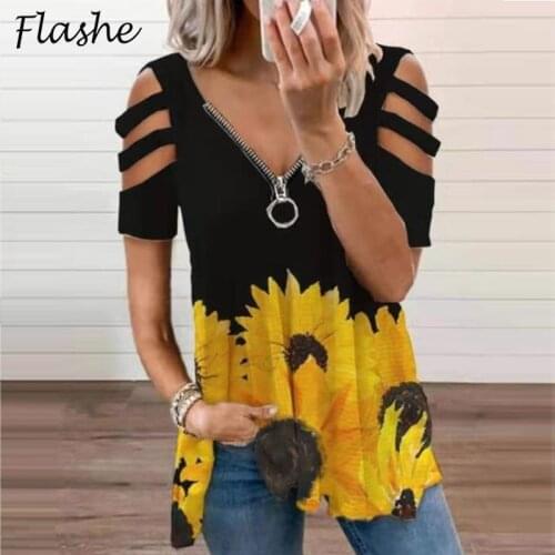 Summer Blouse Shirt Women Flower Print Off Shoulder Zipper Casual Tops Geometric Pattern Short Sleeve Vintage Shirt Plus Size