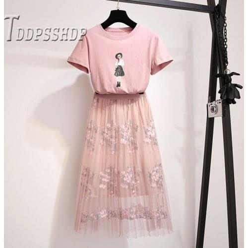 Pink T Shirt and Skirt Women Sets 2019 Summer Fashion Female Sets