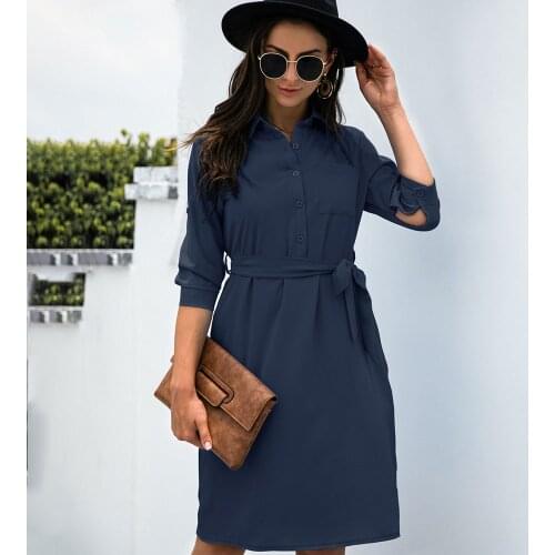 2021Autumn New Solid Button Shirt Dress Casual Turn-Down Collar Half Sleeve Lace Up Waist Lady Vintage Pocket A-line Dresses