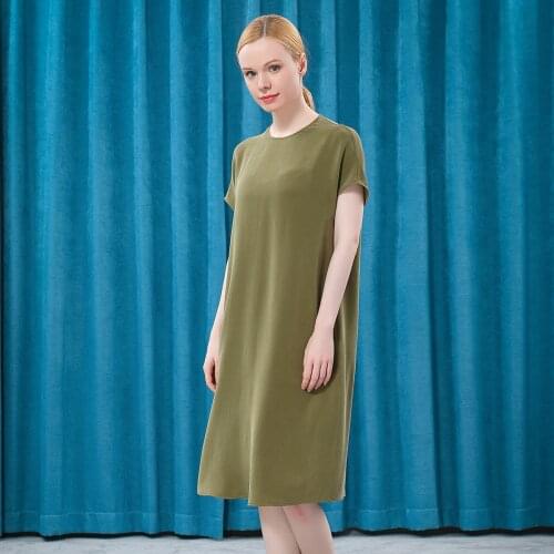 VOA 30m/m Heavyweight Silk Green O-Neck Short Sleeve Summer Dress for Women AE526 Back Neck Button Loose Waist Dress