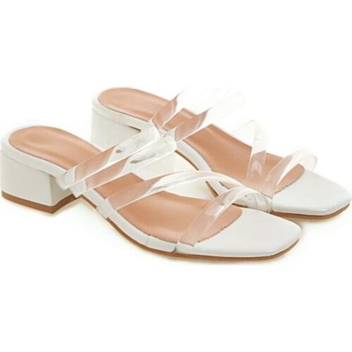 2020 New Women Slipper Summer Crystal Heel Women Beach Slippers Transparent PVC Clear Sandals Square Toe Slides size 32-50 318