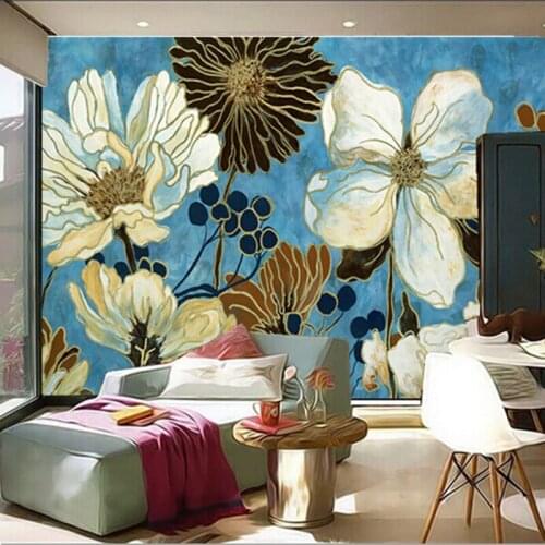The custom 3D murals,Blue small fresh blooming chrysanthemum oil painting,the living room sofa TV wall bedroom wallpaper