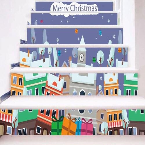 6pcs/13pcs Christmas Town Stair Sticker Cartoon Staircase Mural Pink Self Adhesive DIY Stairway Renovation Decal Kids Love Decor