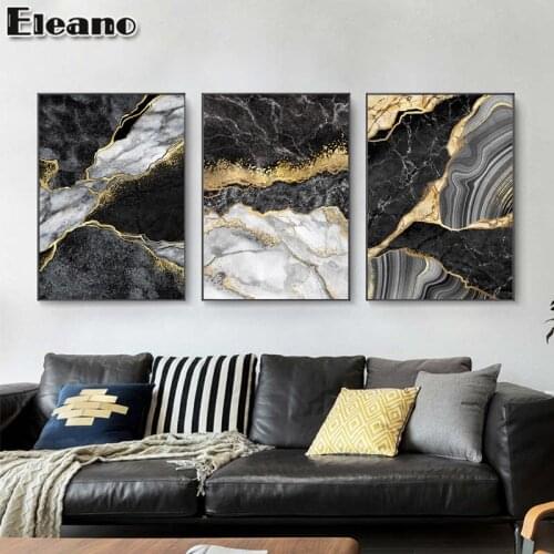 Abstract Art Print Wall Art Decor Black White Canvas Marble Mosaic with Golden Veins Posters HD Wall Paintings Room Decorations