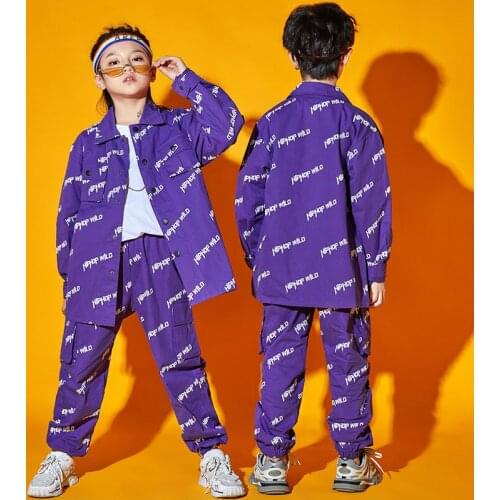 Children Hip Hop Dance Clothes Street Dance Overalls Shirts Pants Purple Hip-Hop Girls Jazz Performance Outfit Boys Wear BL5952