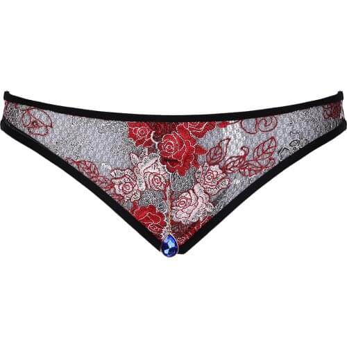 Gay Men Underwear Sissy Panties Rhinestone Pendant Embroidery Thong T-back Sexy Lingerie Open Crotch Open Butt Briefs Underpants