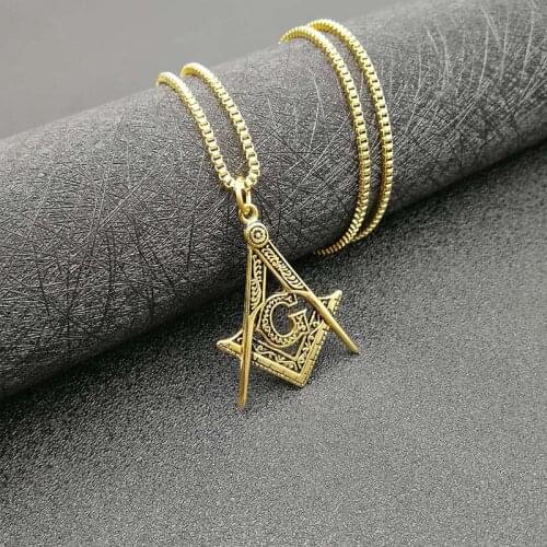 Mens Gold color Masonic Symbol Pendant Necklace 316L Stainless Steel Fashion Punk Retro Freemason Pendant