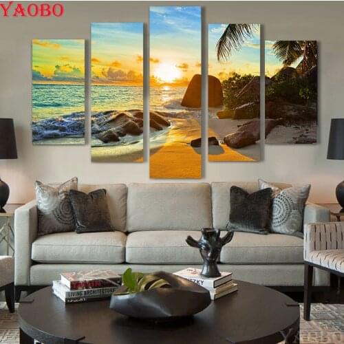 5 Pcs DIY Diamond Embroidery Mosaic Rhinestone Cross Stitch sets Ocean Sunset Beach Seascape Mosaic Multi-Pictures Combination