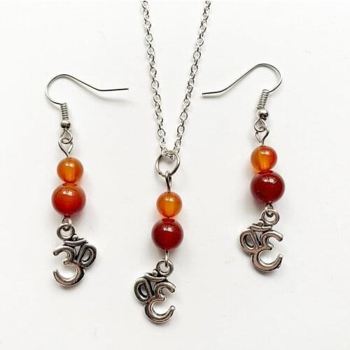 Bhuann Red Carnelian Earrings Pendant Necklace Set Natural Stone Beads Necklace Set Aum Om Symbol Pendant Earring Set Jewelry