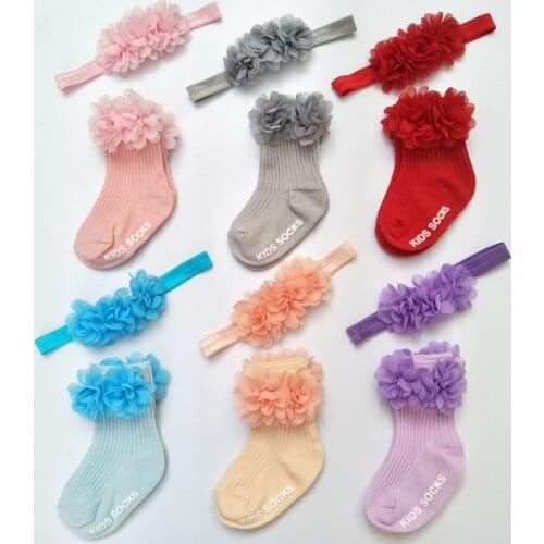 2Pcs Baby Socks Headband Set Chiffon Flowers Newborn Baby Girl Short Socks Anti Slip Solid Color Infant Toddler Socks Hairband