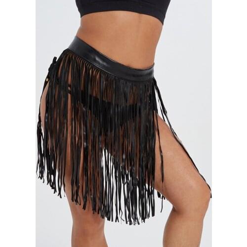NEW Black PU Faux Leather Buckle Metal Rivet Crop Tassel Skirts Sexy Punk Party For Women