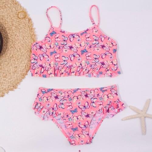 New Butterfly Print Girls Kids Bikinis 2-8 Years Falbala Children Bikini Set 2021 Summer Baby Girl Swimwear Swimsuit A281